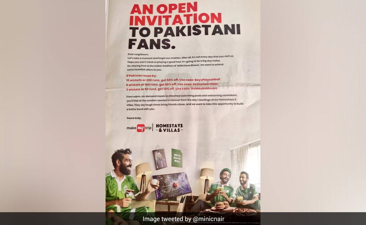 India vs Pakistan World Cup 2023: Make My Trip’s Newspaper Ad For Pakistani Fans Divides Internet India vs Pakistan World Cup 2023: Make My Trip’s Newspaper Ad For Pakistani Fans Divides Internet
