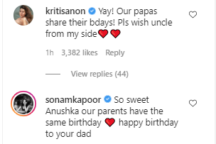 Kriti and Sonam's comments on Anushka's post 