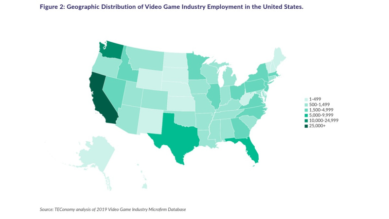 The darker areas have the most video game jobs.