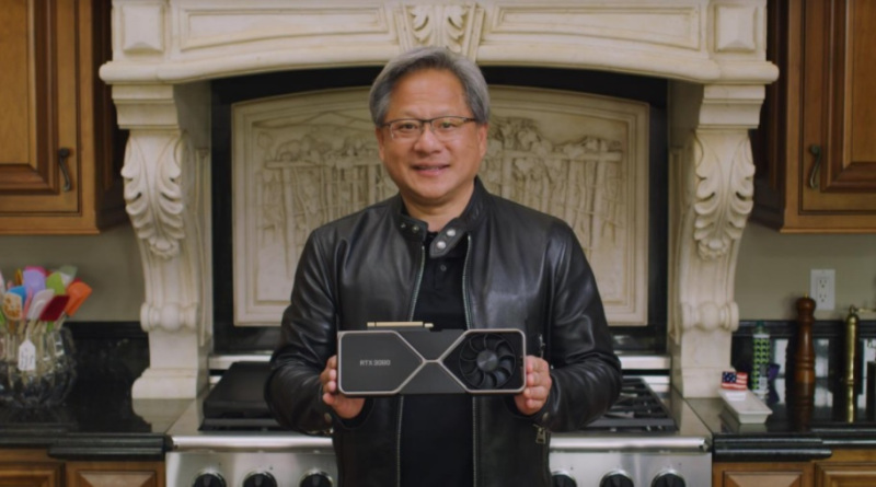 CEO Jensen Huang shows off GeForce RTX 3000 series graphics cards.